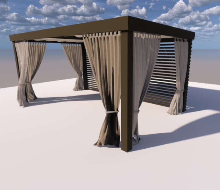 Concept rendering of two connected Universal Cabana System bays with curtains