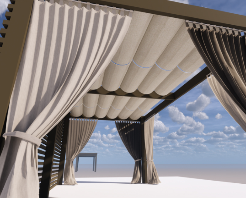Concept rendering showing overhead fabric panels and curtains in the Universal Cabana System